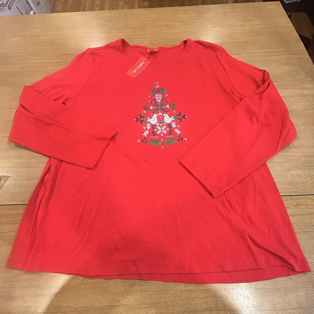 Holiday Lane Christmas Shirt Womens Plus 3X Red L/S Tree Turtle Dove Festive NWT